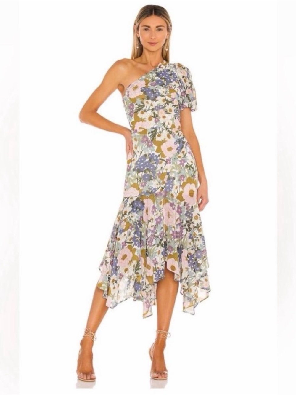 Astr One-Shoulder Floral Midi Dress in Pastel Multi